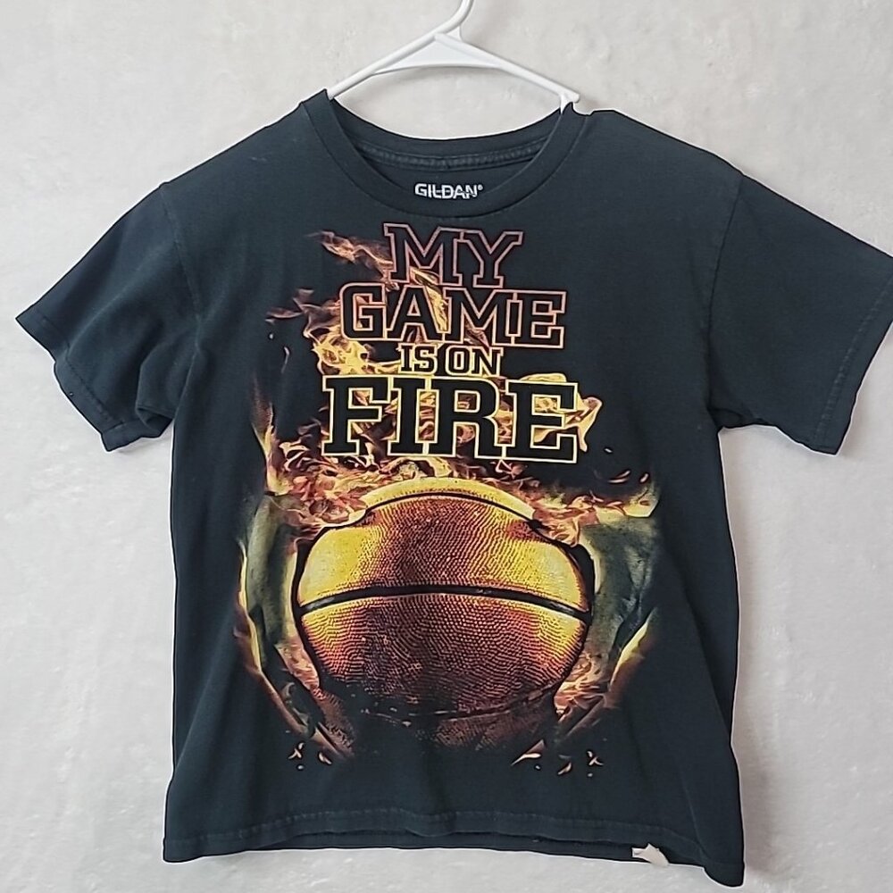 Youth Boys T-shirt MY GAME IS ON FIRE! Size XL (10-12) Black Basketball Tee